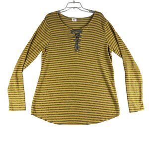BKE Buckle Top Women's Extra Large Yellow Striped Lace Up Long Sleeve Stretch